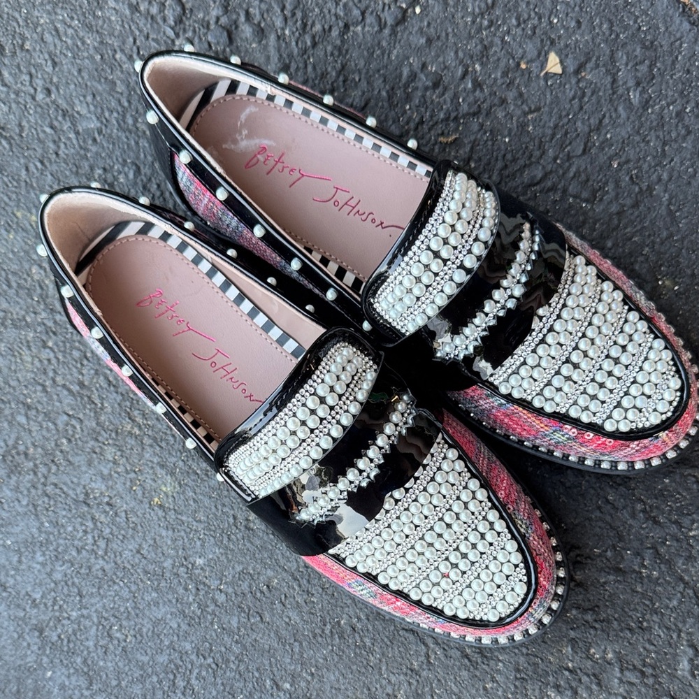 Betsey Johnson Black and Red Plaid with Rhinestone Flats